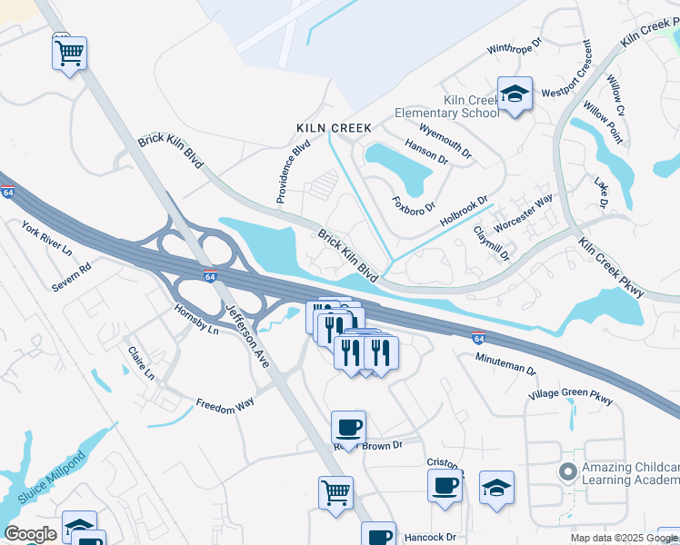 map of restaurants, bars, coffee shops, grocery stores, and more near 746 Rock Crest Court in Newport News