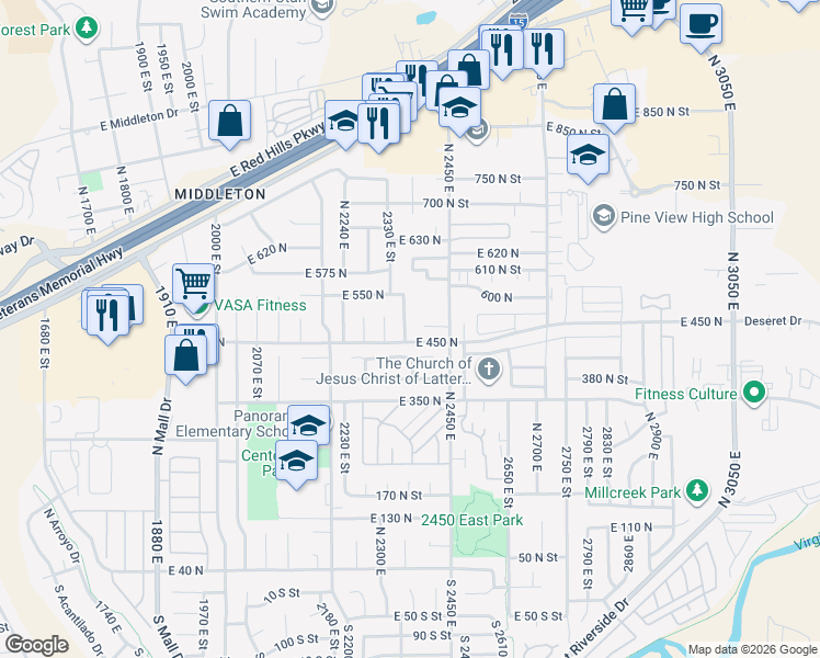 map of restaurants, bars, coffee shops, grocery stores, and more near 476 North 2360 East in St. George