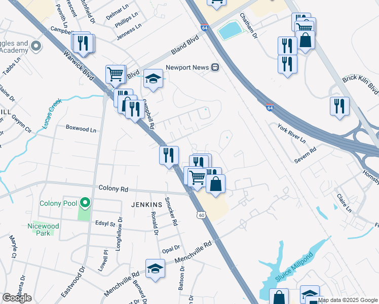 map of restaurants, bars, coffee shops, grocery stores, and more near 402 Savage Drive in Newport News
