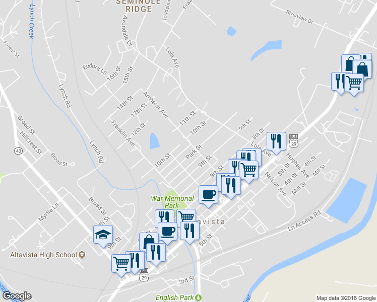 map of restaurants, bars, coffee shops, grocery stores, and more near 912 Park Street in Altavista