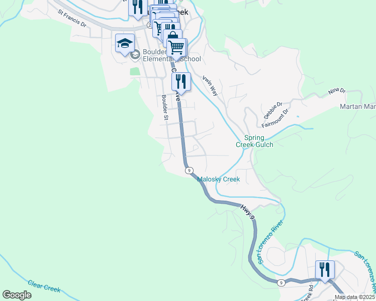 map of restaurants, bars, coffee shops, grocery stores, and more near 12550 California 9 in Boulder Creek