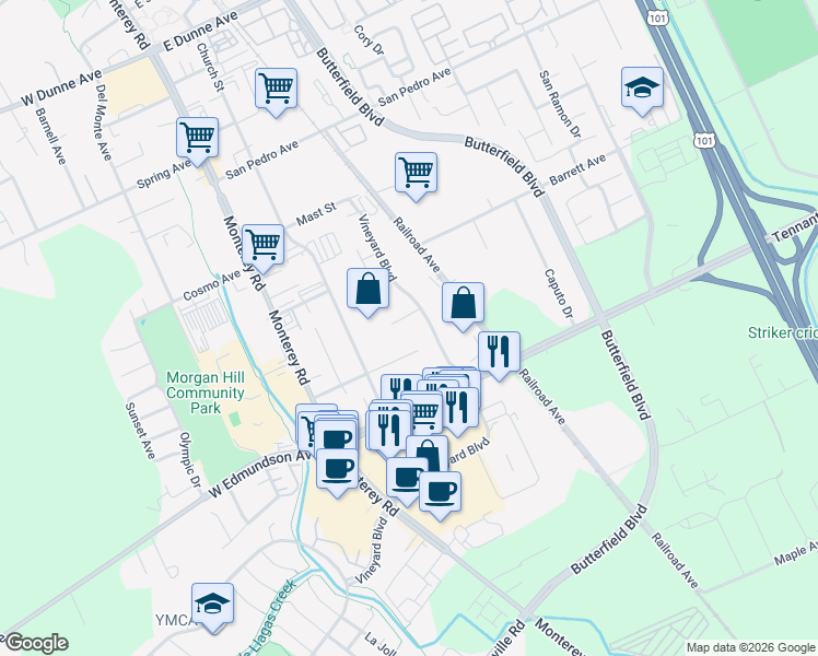 map of restaurants, bars, coffee shops, grocery stores, and more near 240 Vineyard Court in Morgan Hill