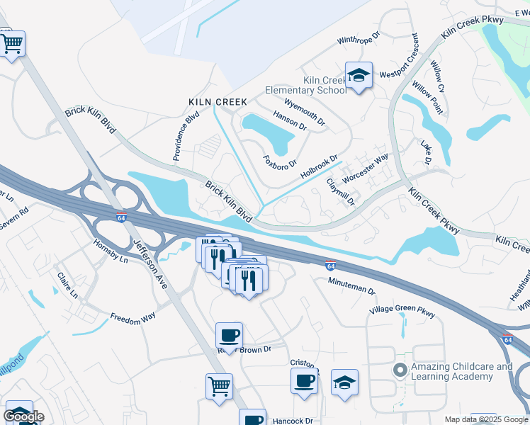 map of restaurants, bars, coffee shops, grocery stores, and more near 770 Brick Kiln Boulevard in Newport News