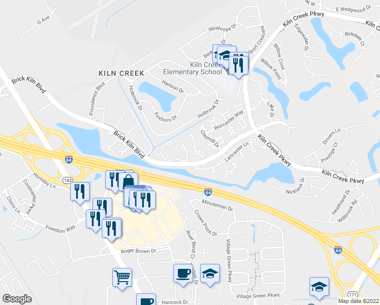 map of restaurants, bars, coffee shops, grocery stores, and more near 846 Masters Trail in Newport News