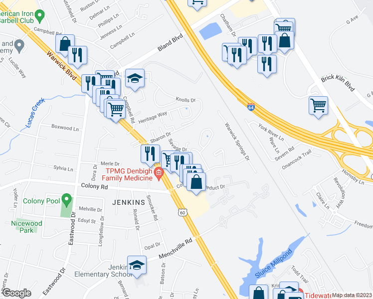 map of restaurants, bars, coffee shops, grocery stores, and more near 408 Savage Drive in Newport News