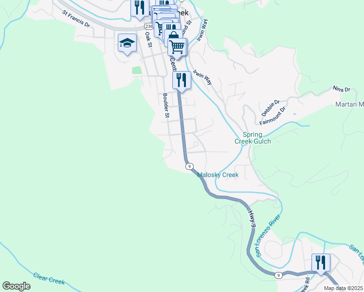 map of restaurants, bars, coffee shops, grocery stores, and more near 12547 California 9 in Boulder Creek