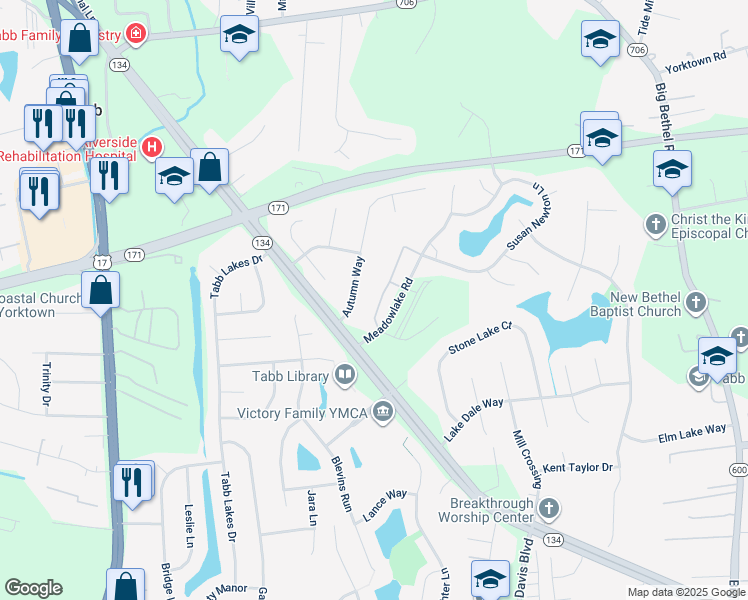 map of restaurants, bars, coffee shops, grocery stores, and more near 102 Heather Way in Yorktown
