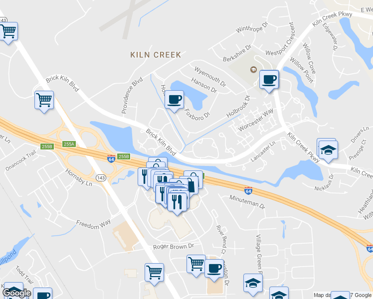 map of restaurants, bars, coffee shops, grocery stores, and more near 770 Brick Kiln Boulevard in Newport News