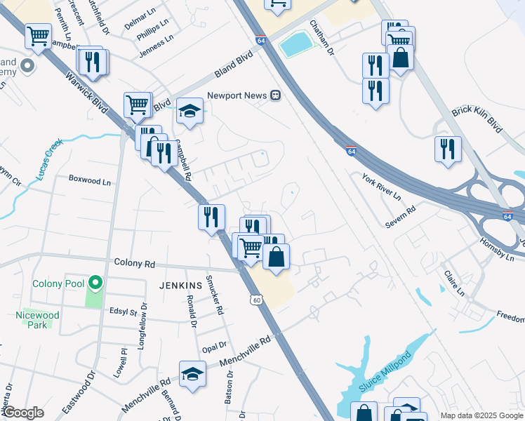 map of restaurants, bars, coffee shops, grocery stores, and more near 408 Savage Drive in Newport News