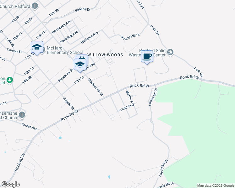 map of restaurants, bars, coffee shops, grocery stores, and more near 1806 Fletcher Avenue in Radford