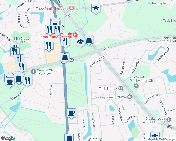 map of restaurants, bars, coffee shops, grocery stores, and more near 308 Tabb Lakes Drive in Yorktown