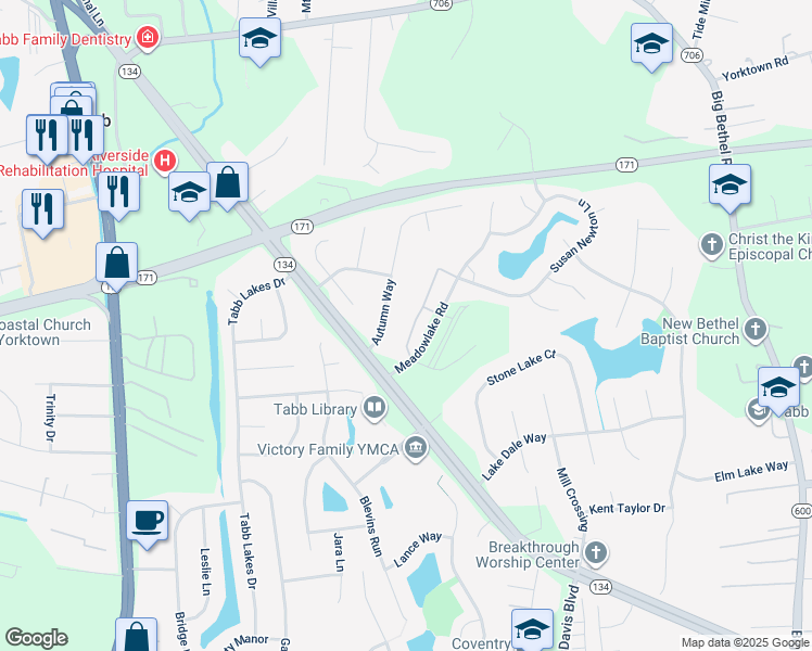map of restaurants, bars, coffee shops, grocery stores, and more near 105 Heather Way in Yorktown