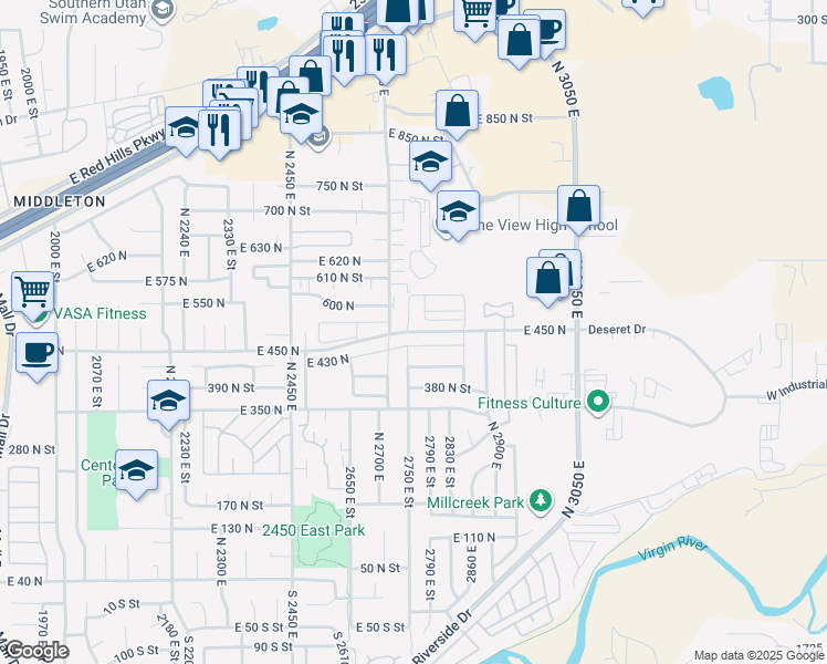 map of restaurants, bars, coffee shops, grocery stores, and more near 600 2720 East Street in St. George