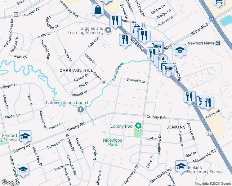 map of restaurants, bars, coffee shops, grocery stores, and more near 417 Nicewood Drive in Newport News