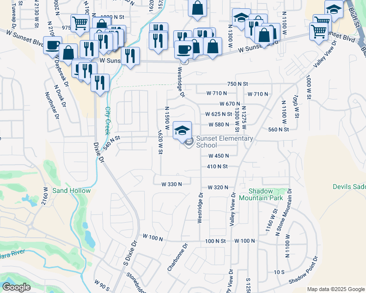 map of restaurants, bars, coffee shops, grocery stores, and more near 495 Westridge Drive in Saint George