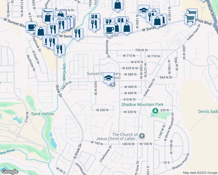 map of restaurants, bars, coffee shops, grocery stores, and more near 495 Westridge Drive in Saint George