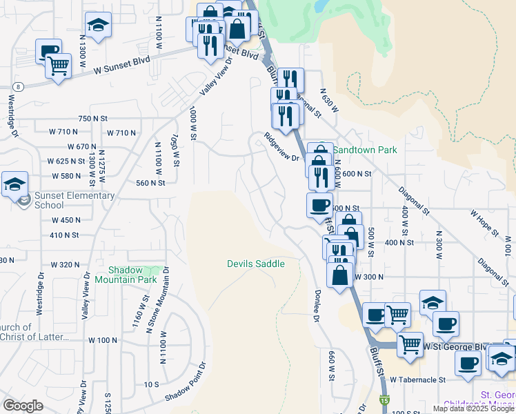 map of restaurants, bars, coffee shops, grocery stores, and more near 488 Northridge Avenue in St. George