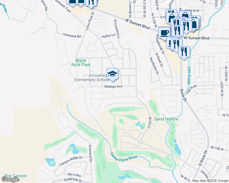 map of restaurants, bars, coffee shops, grocery stores, and more near 2360 Chardonnay Lane in St. George