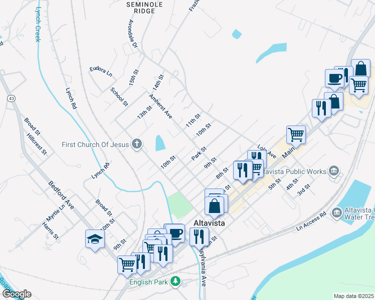 map of restaurants, bars, coffee shops, grocery stores, and more near 909 10th Street in Altavista