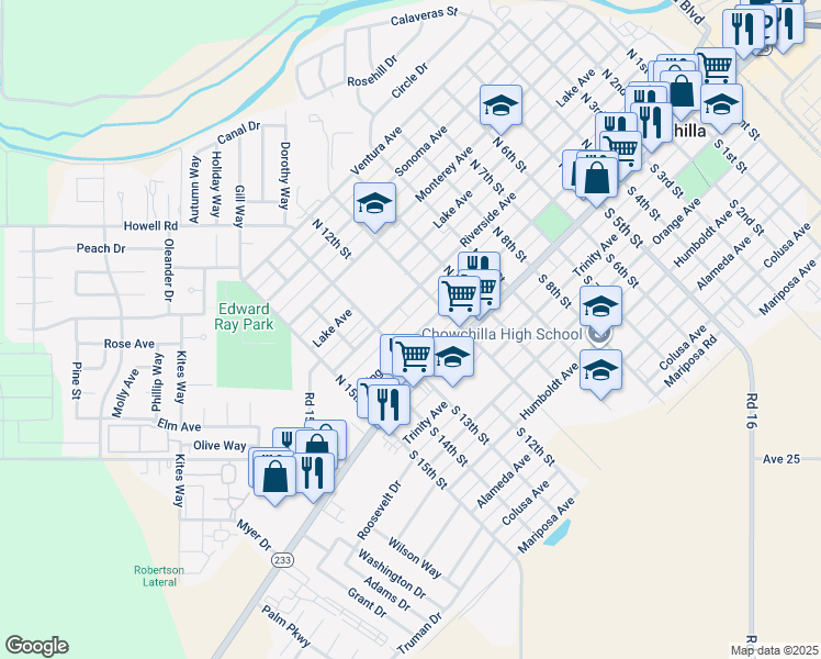 map of restaurants, bars, coffee shops, grocery stores, and more near 230 North 12th Street in Chowchilla