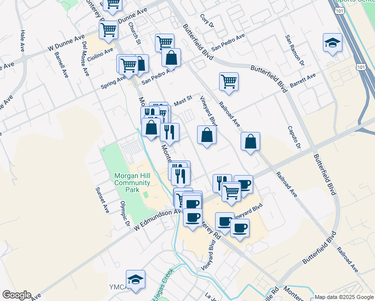 map of restaurants, bars, coffee shops, grocery stores, and more near 141a Barrett Avenue in Morgan Hill
