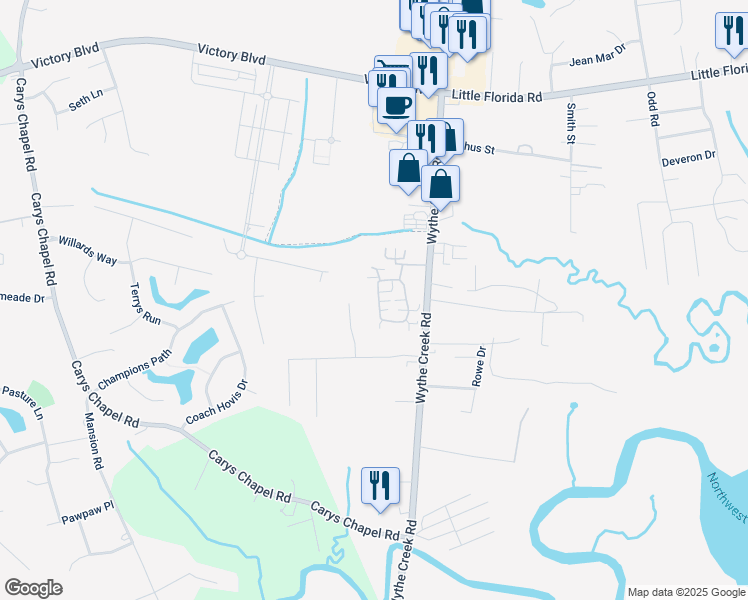 map of restaurants, bars, coffee shops, grocery stores, and more near 134 Villa Drive in Poquoson