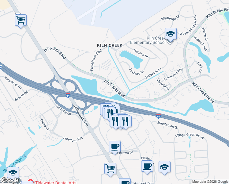 map of restaurants, bars, coffee shops, grocery stores, and more near 740 Brookside Drive in Newport News