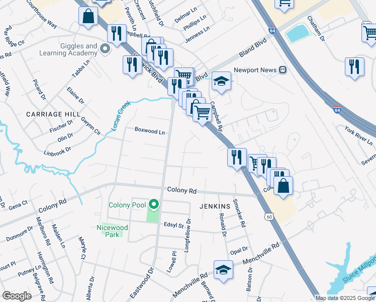 map of restaurants, bars, coffee shops, grocery stores, and more near 439 Dora Drive in Newport News
