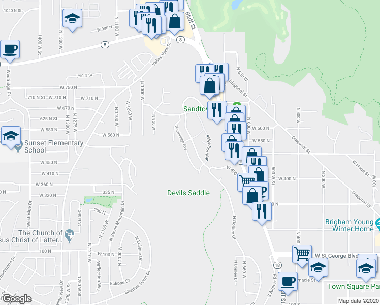 map of restaurants, bars, coffee shops, grocery stores, and more near 488 Northridge Avenue in St. George