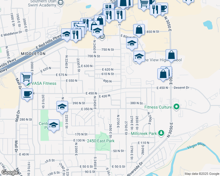 map of restaurants, bars, coffee shops, grocery stores, and more near 800 600 North in St. George