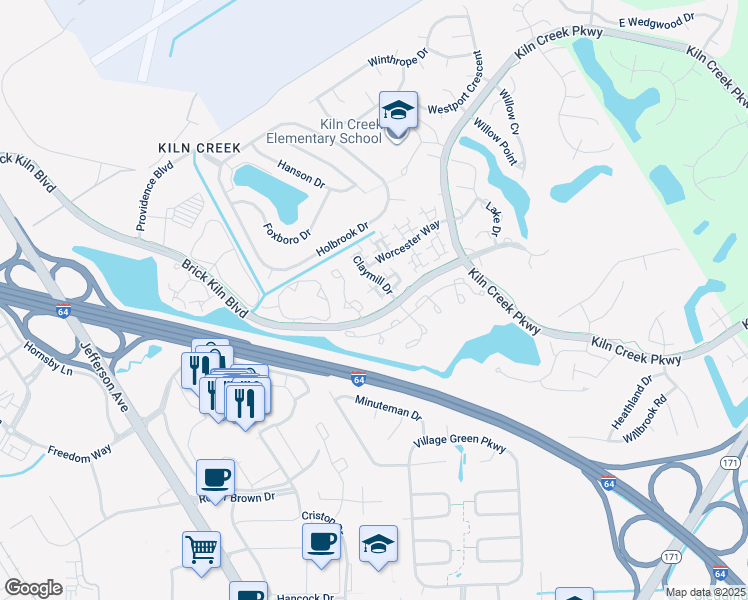 map of restaurants, bars, coffee shops, grocery stores, and more near 2249 New Kent Court in Newport News