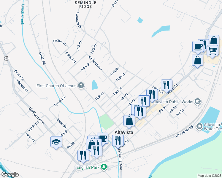 map of restaurants, bars, coffee shops, grocery stores, and more near 909 10th Street in Altavista