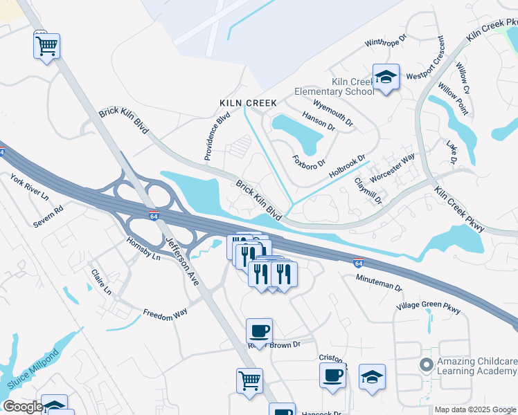 map of restaurants, bars, coffee shops, grocery stores, and more near 740 Brookside Drive in Newport News
