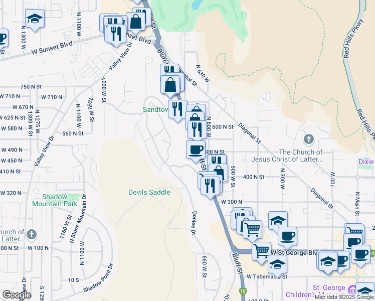 map of restaurants, bars, coffee shops, grocery stores, and more near 531 North Bluff Street in St. George