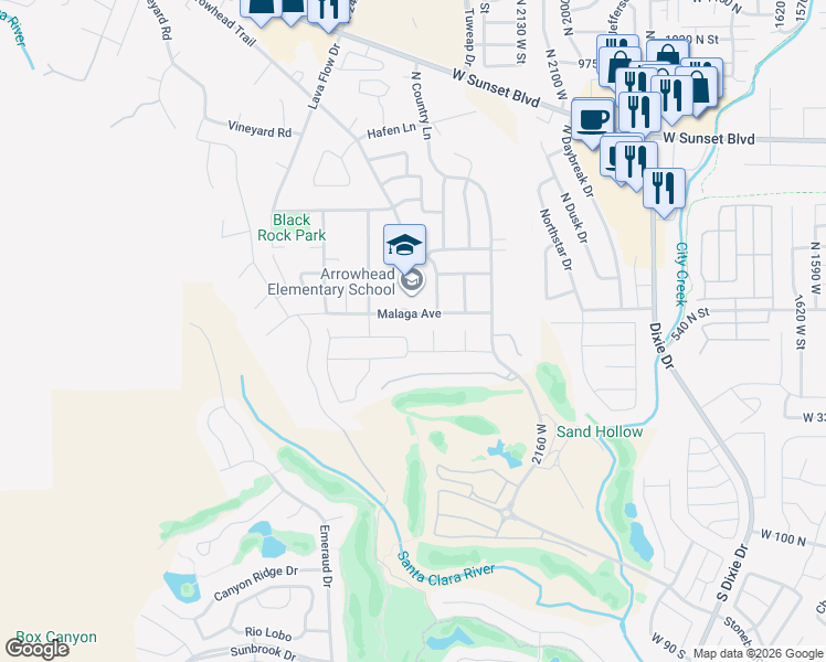 map of restaurants, bars, coffee shops, grocery stores, and more near 2360 Chardonnay Lane in St. George