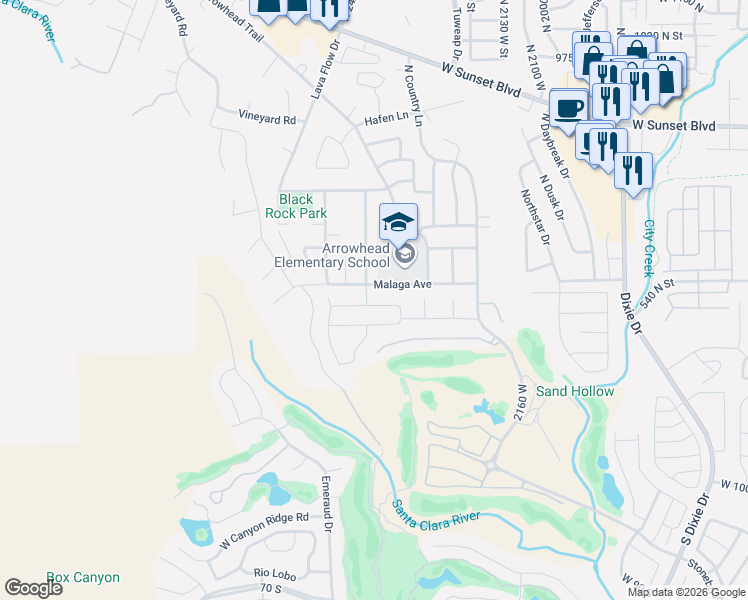 map of restaurants, bars, coffee shops, grocery stores, and more near 2406 Chardonnay Lane in St. George