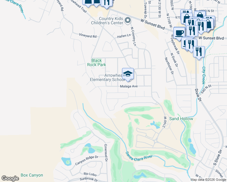 map of restaurants, bars, coffee shops, grocery stores, and more near 2418 Malaga Avenue in Santa Clara
