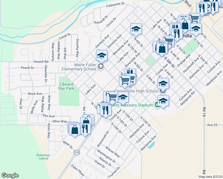 map of restaurants, bars, coffee shops, grocery stores, and more near 230 North 12th Street in Chowchilla