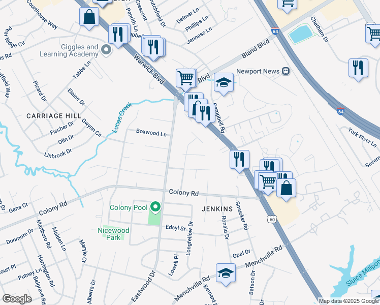 map of restaurants, bars, coffee shops, grocery stores, and more near 439 Dora Drive in Newport News