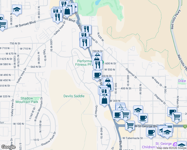 map of restaurants, bars, coffee shops, grocery stores, and more near 531 North Bluff Street in Saint George