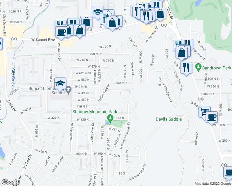 map of restaurants, bars, coffee shops, grocery stores, and more near 1163 West 540 North in Saint George