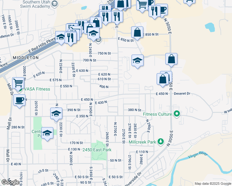map of restaurants, bars, coffee shops, grocery stores, and more near 2675 East 450 North in St. George