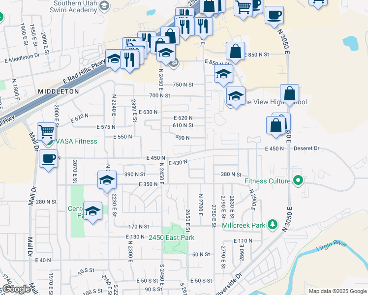 map of restaurants, bars, coffee shops, grocery stores, and more near 2675 East 450 North in St. George