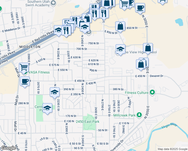 map of restaurants, bars, coffee shops, grocery stores, and more near 2675 East 450 North in St. George