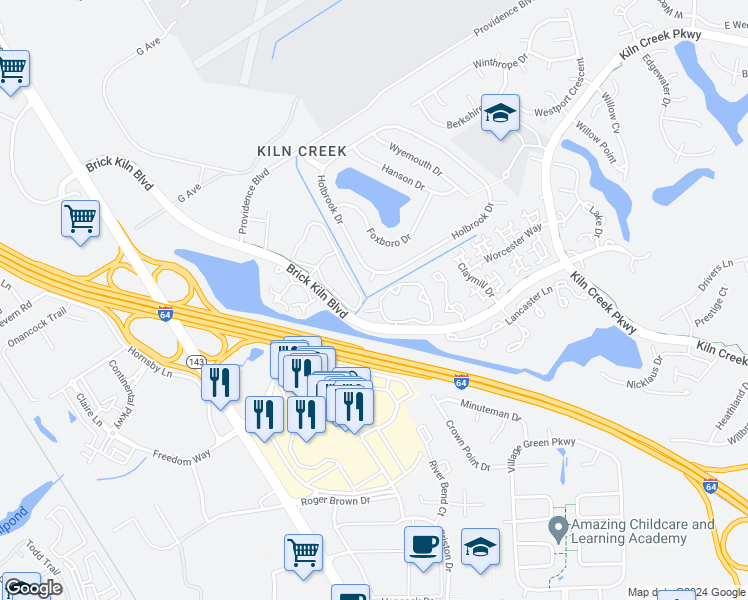 map of restaurants, bars, coffee shops, grocery stores, and more near 809 Oak Springs Court in Newport News