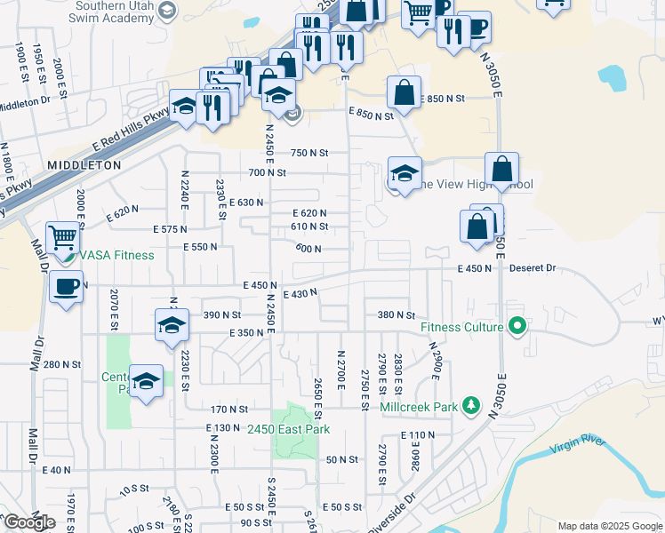 map of restaurants, bars, coffee shops, grocery stores, and more near 800 600 North in St. George