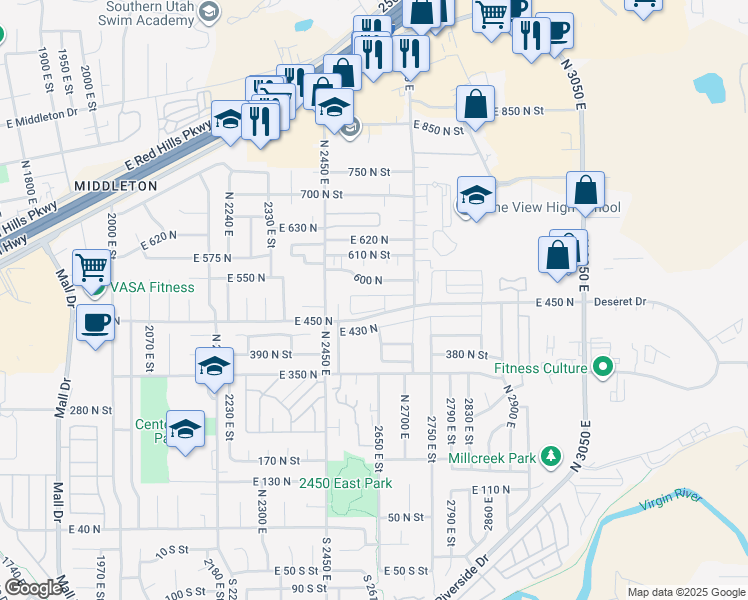 map of restaurants, bars, coffee shops, grocery stores, and more near 800 600 North in St. George