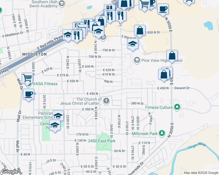 map of restaurants, bars, coffee shops, grocery stores, and more near 500 600 North in St. George
