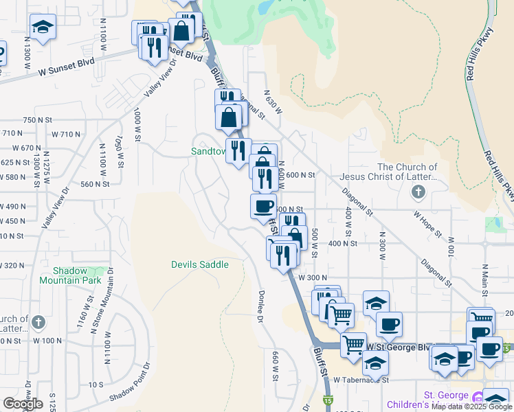map of restaurants, bars, coffee shops, grocery stores, and more near 579 North Bluff Street in St. George