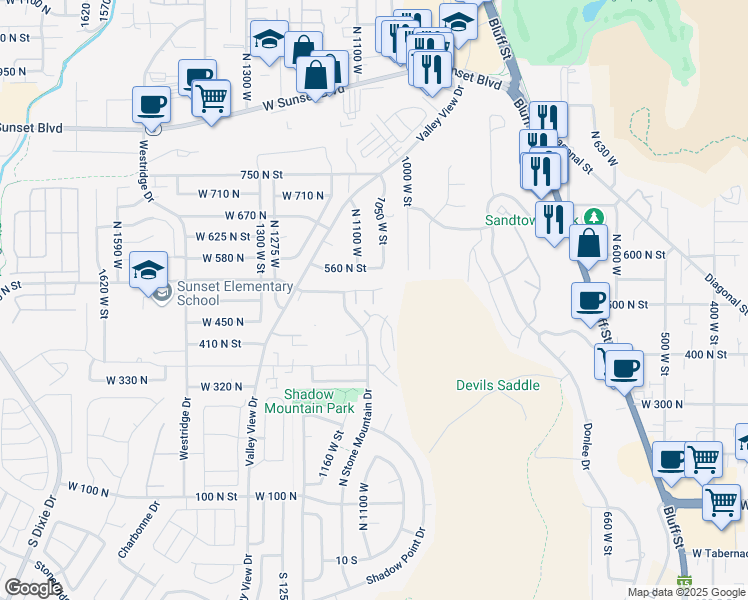 map of restaurants, bars, coffee shops, grocery stores, and more near 1036 West 540 North in St. George
